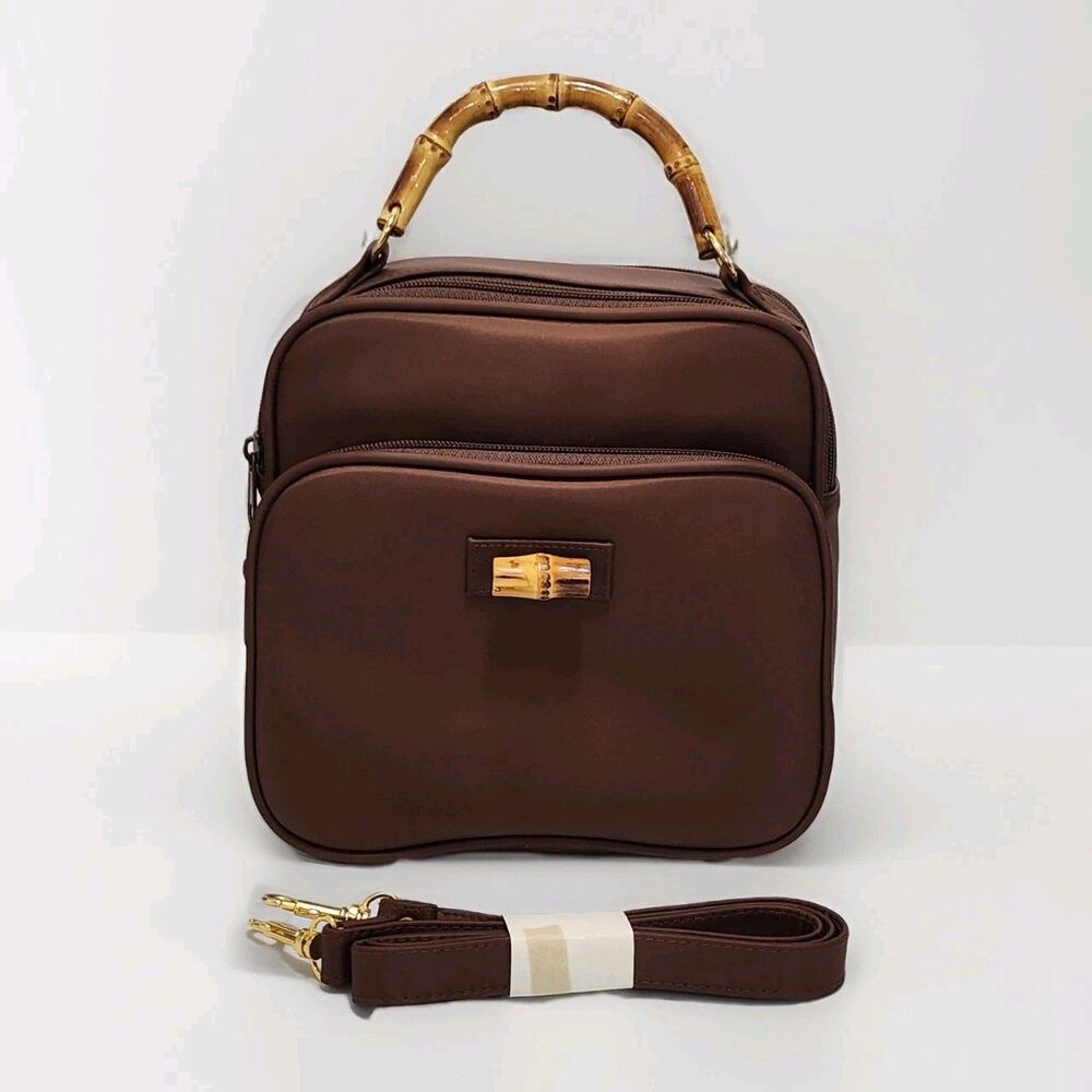 Bamboo Top Handle Brown Nylon Crossbody Bag Linen Lining Square Pockets